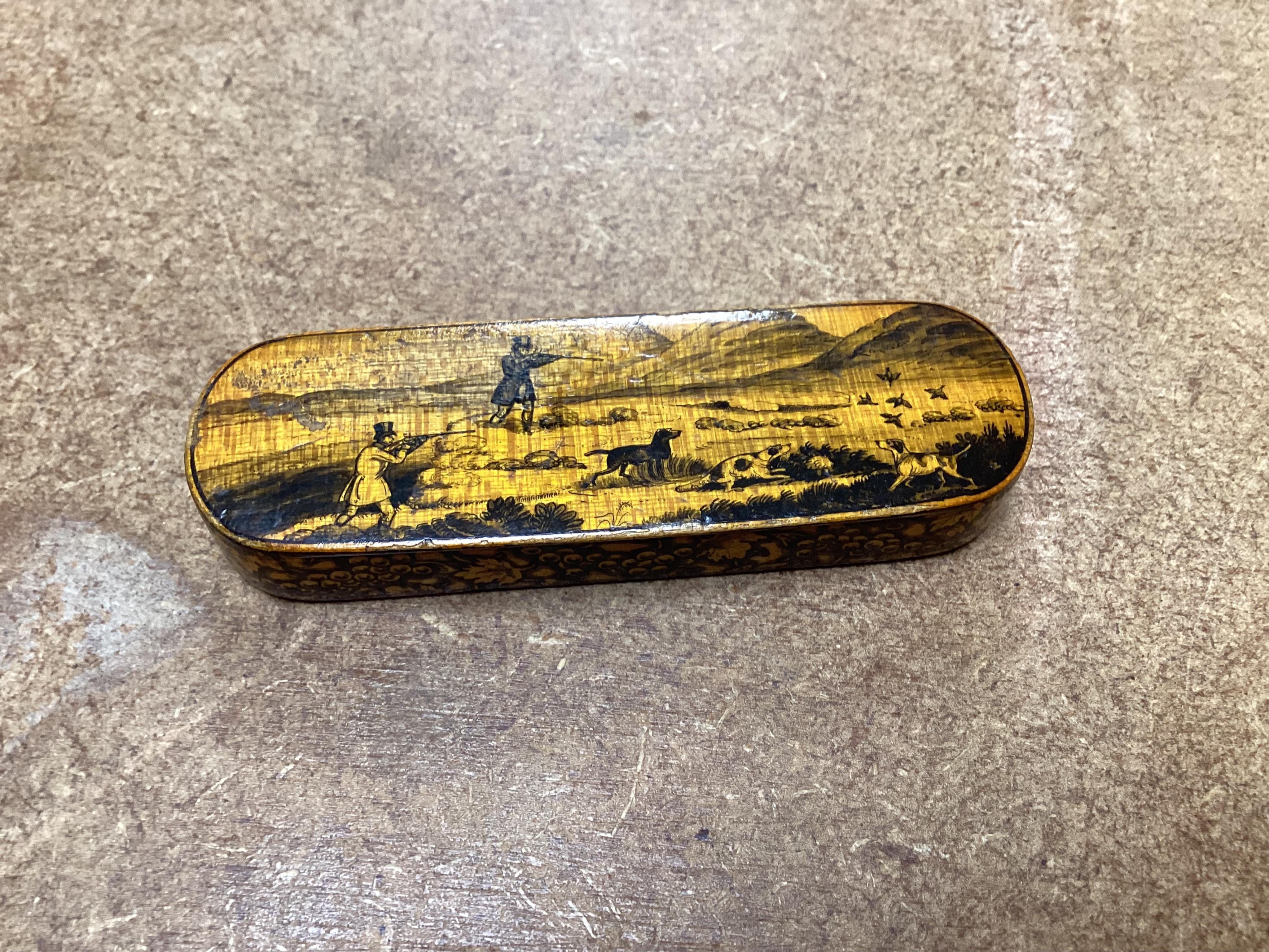 An early Mauchline ware penwork 'hunting' toothpick case, 7cm in length